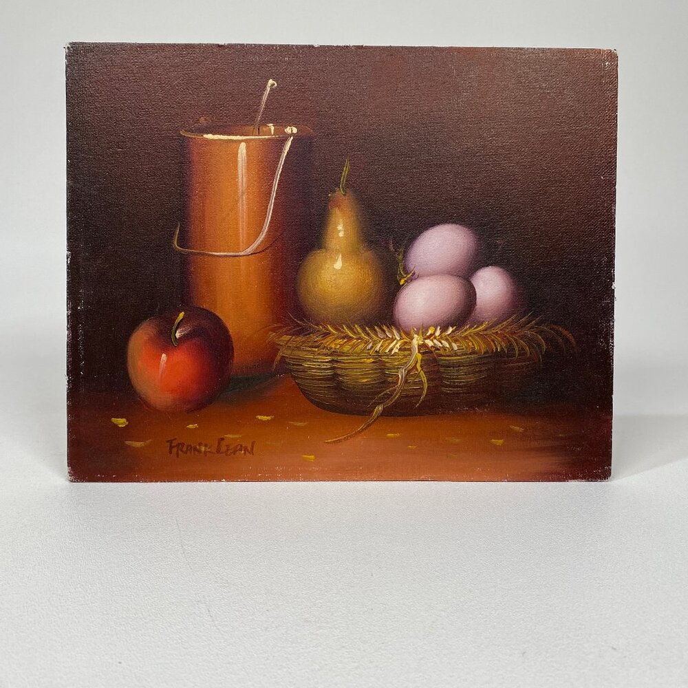 Vintage Frank Lean Still Life Oil Painting - Apple, Pear, Eggs in‎ Basket, 8x10”